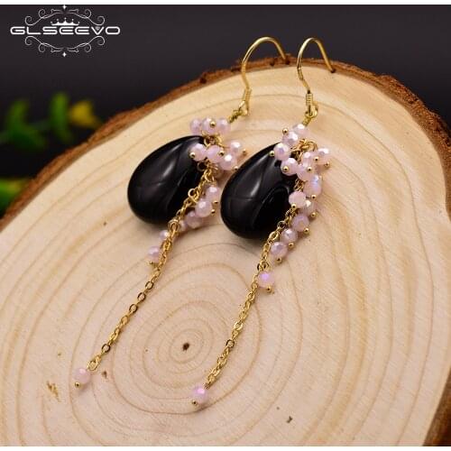 GLSEEVO Natural Black Onyx Long Drop Earrings Fish Hook 925 Sterling Silver Earrings Handmade Jewelry Brincos De Festa GE0086
