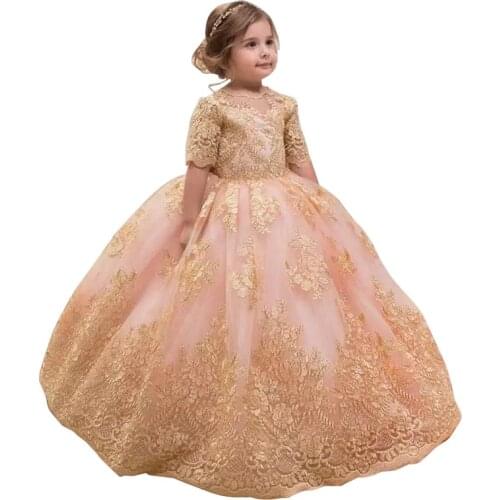 Little Girls Pink Lace Ball Gown Flower Girl Backless Bow Dress Gorgeous Pageant Wedding Party Vintage Dress for Kids Baby 2-12Y