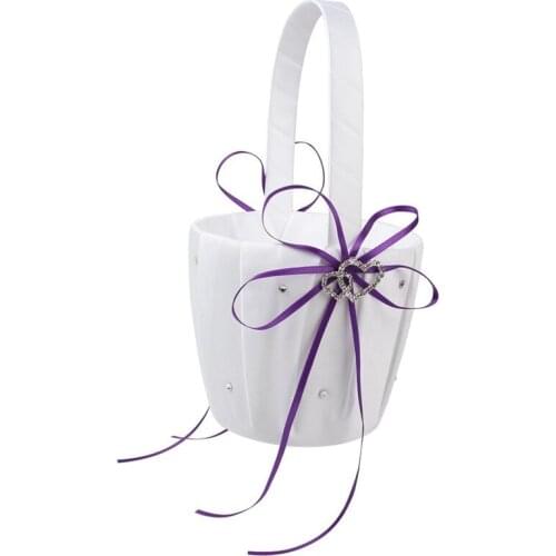 Double Heart Wedding Flower Girl Basket White Satin Rhinestone Decor Purple Wedding Party Favor