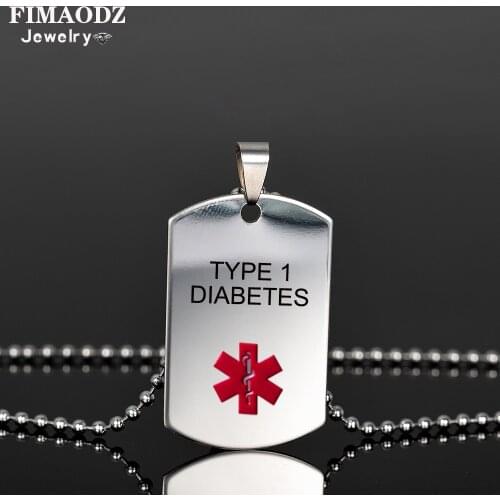 FIMAODZ New Medical Alert Stainless Steel Necklace Diabetic Type1 Diabetes ALLERGY EPILEPSY Red Logo Pendant Chain For Men Women