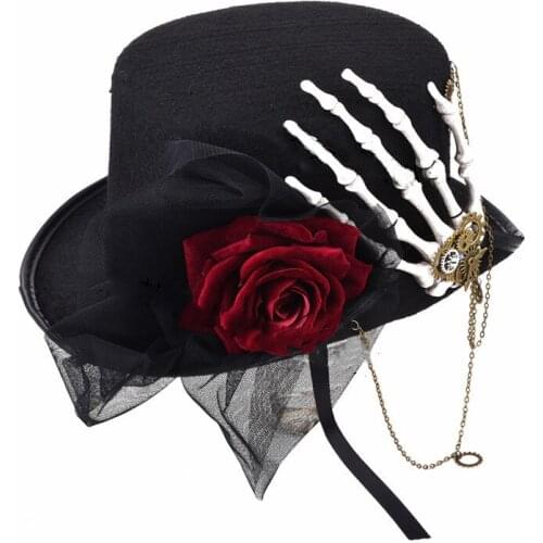 Gothic Retro Punk Skull Hand Rose Flower Black Gauze Hat Gear Chain Clock Men And Women Halloween Cosplay Props