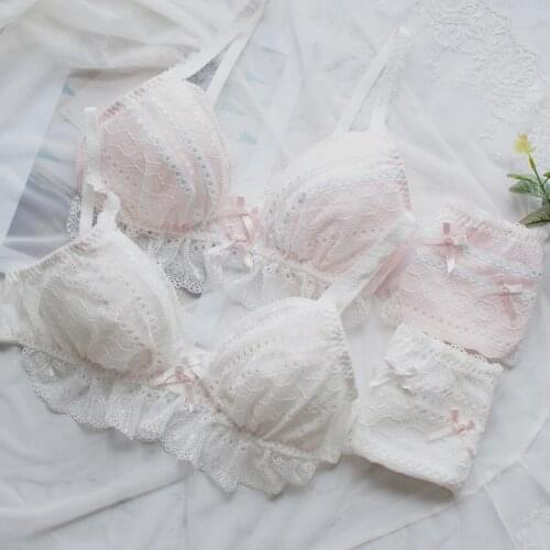 Japanese sweet bra set soft girl Kawaii girl lace cotton no steel ring underwear adorablewirefree pullover panty and bra set