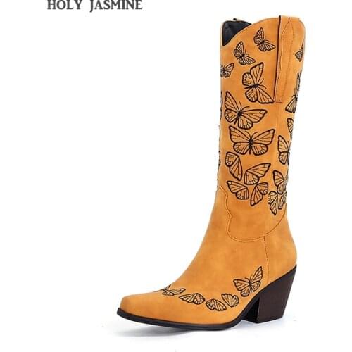 Handmade Leather Womens Embroidered Butterfly Cowgirl Boots Western Boots Womens Retro Knee High Boots Cowboy Boots Woman Shoes