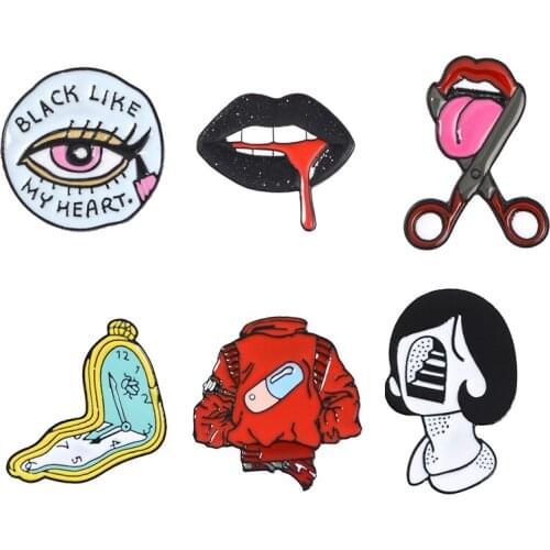 Creative enamel brooch eyes, mouth, red clothes pill clock watch head badge badge decoration bag