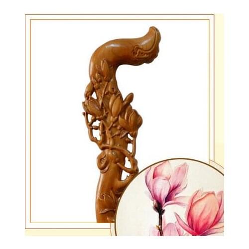 Magnolia carved from peach wood Filial piety elderly A mahogany cane old leading phoenix head wood carving craft dragon stick