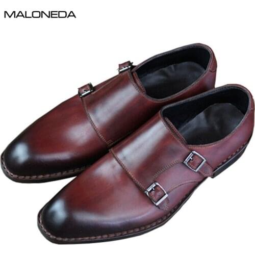 MALONEDA Mens Formal Dress Monk Strap Shoes Handmade Genuine Leather Slip on Shoes With Goodyear Welted