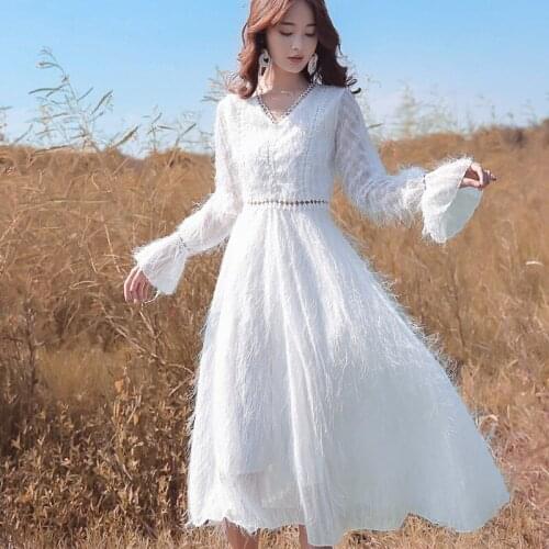 Fashion Tassel Midi Dress 2021 Autumn Women V-Neck Flare Sleeve Vintage Korean High Waist Slim Party Dress Womens Clothing y2k