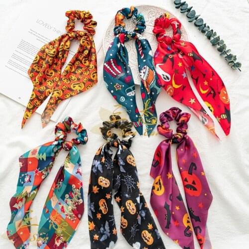 Christmas Halloween Elastic Rubber Band Funny Satin Women Long Ribbon Scarf Hair Tie Scrunchie Personality Hair Rope Accessories