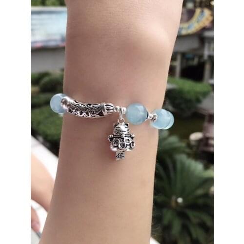 Real S925 Sterling Silver Bracelet Womans Blue Aquamarine Bead Luck Cat Tassel Bracelet Gift Fashion Friend Hot Sale