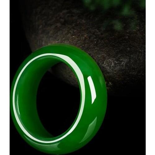 Natural Green Jade Stone Ring Chinese Hand-Carved Charm Jadeite Jewelry Fashion Accessories Amulet for Men Women Lucky Gifts