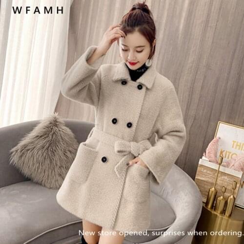 Mink Velvet Woolen Jacket Female Small 2020 New Winter Long Belt Was Thin Double-Breasted Mink Thick Woolen Coat Fashion Wild