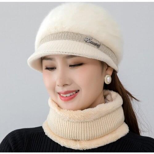 New Women Winter Hat Keep Warm Cap Add Fur Lined Hat And Scarf Set Warm Hats For Women Casual Rabbit Fur Winter Brim Knitted Hat