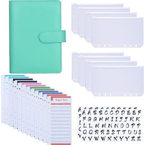 A6 PU Binder Cover Cash Envelopes System with 8PCS A6 Binder Pockets, 12 Expense Budget Sheets,2PCS 26 Letter Sticker Labels