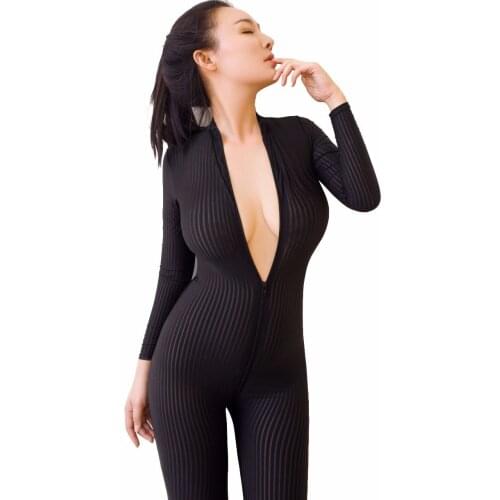 Sexy Sheer Vertical Stripe Bodysuit Wild Up to Crotch Zipper Snug Fit Catsuit Tights Jumpsuit Zentai Onesie