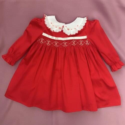 Baby girl vintage handmade smocked princess kids casual birthday party embroidered peter pan collar cute dress