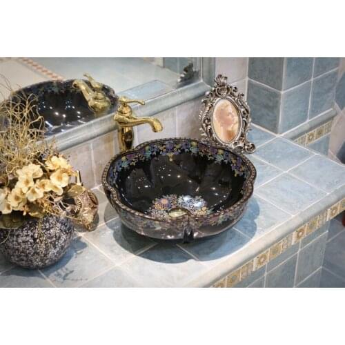 Europe style luxury bathroom vanities chinese flower shape Jingdezhen Art Counter Top ceramic round counter top wash basin