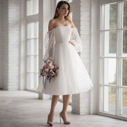 Tea Length Strapless Wedding Dress 2021 Polka Dot Off the Shoulder Tulle Lace Up Back Plus Size Bridal Gowns Robe De Mariée
