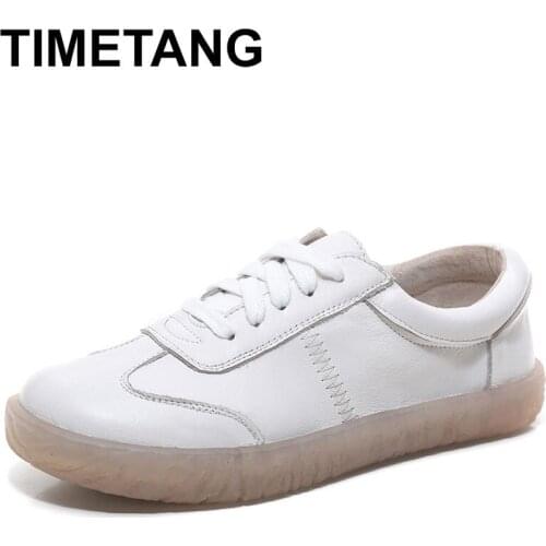 TIMETANG Gril Womens Womens Vulcanized Shoes Female Genuine Leather Shoes White Flats Platform Sneakers Lace Up E977