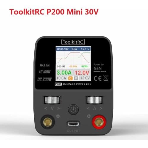 ToolkitRC P200 Mini 30V AC100W DC200W 10A GaN Adjustable Mini Desktop Power Supply USB Output