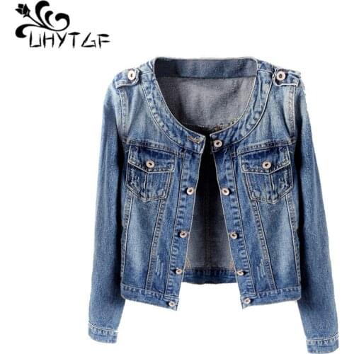 UHYTGF Spring Autumn Jean Jacket Woman Long Sleeve Casual Short Denim Coats Female Single-Breasted Slim 6XL Plus Size Tops 1070