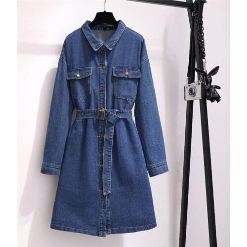 150Kg Extra Big Size Womens Denim Dresses 2020 Spring Autumn Korean Loose Sashes Ladies Jeans Dress Vestidos Plus Size 6XL W117