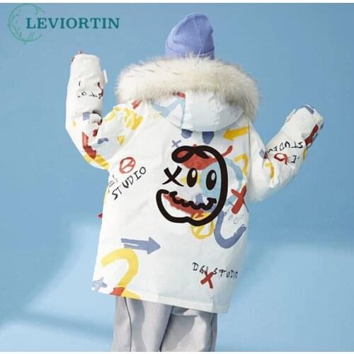 Brand White Down Jacket Women 2021 Winter Couples Thickened Warm Hooded Fur Collar Fashion Little Devil Print Jacket Hip Hop