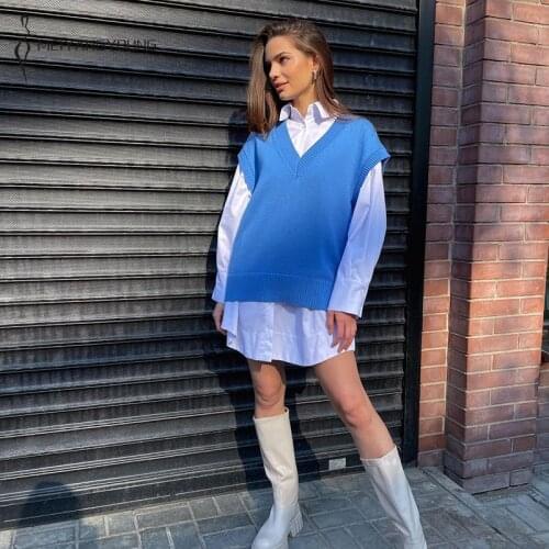 MEIYANGYOUNG Sweater Vest Women Solid V Neck Oversize Knitted Vests 2021 Elegant Office Ladies Sweater Casual Knit Pullover Top