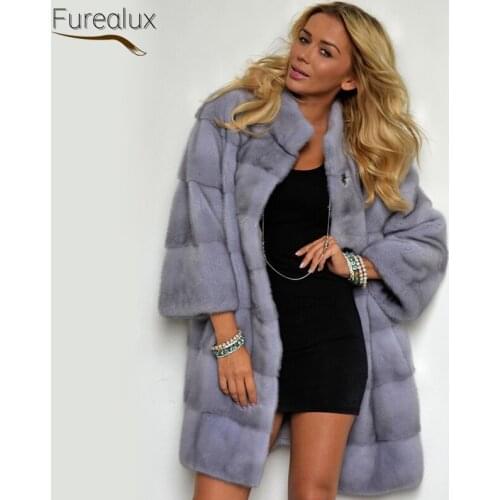 FUREALUX Real Whole Skin Intact Mink Fur Long Stand Collar Coat Women Winter Streetwear Warm Vintage Temperament Outerwear