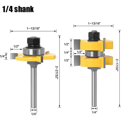 2 Pieces 6.35mm 1/4" Shank 3 Teeth Adjustable Tongue Groove Router Bit Set Wood Door Flooring