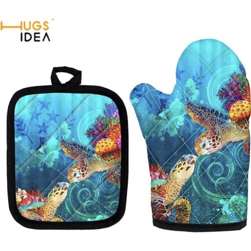 Sea Turtle Print Oven Mitts Heat Resistant Gloves Cotton Thick Kitchen Pad Manopla Cocina Kosrae Style 2 Pcs