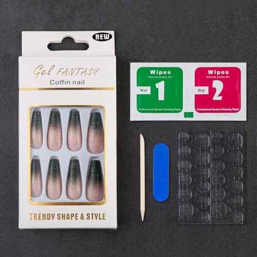 24pcs French Full Cover Nail Tips Black Glitter Powder False Nails Long Ballerina Coffin Nails ABS Fasle Nails Manicure Tools