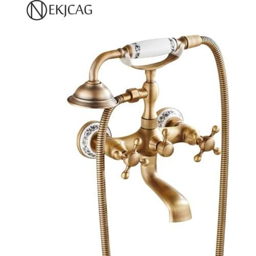 Antique Brass Bath Faucets Dual Handle Dual Holes Wall Mounted Bath Shower Set Swivel Tub Spout Bath Shower