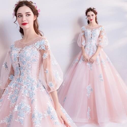 100%real luxury light pink/blue/lavender sleeve cosplay ball gown medieval dress Renaissance gown queen Victoria Belle Ball gown