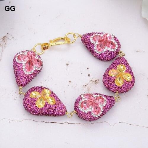 GuaiGuai Jewelry Teardrop Fuchsia Crystal Nugget Flower Pave CZ Bracelet For Women
