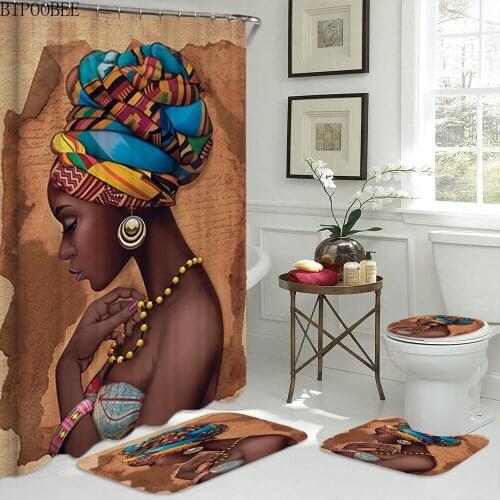 Black African American Women Print Shower Curtain Set Waterproof Bathroom Curtains Anti-slip Soft Carpet Bath Mat Toilet Rugs