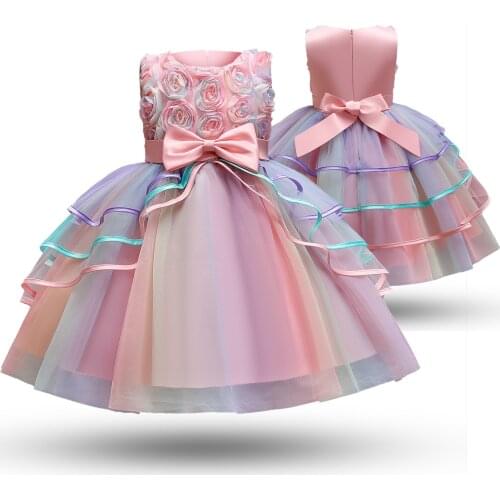 Princess Girl Dress Rainbow Unicorn Party Halloween Costume Cute Bow Flower Wedding Gown Children Wear Kids Clothes for Girls