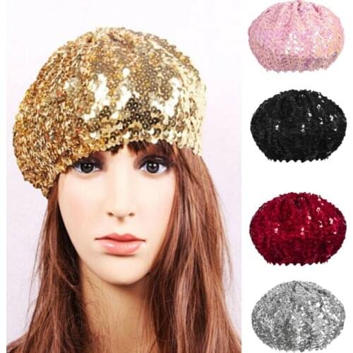 Women Sequin Bling Cap Stretch Beanie Metallic Shining French Beret Hat Party Clubwear Cap Dance Stage Show Costume Decoration