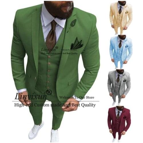 Formal Mens Suits Slim Fit 3 Pieces Prom Tuxedos Olive Green Solid Jacket Wedding Grooms Blazer Vest Pants 2020