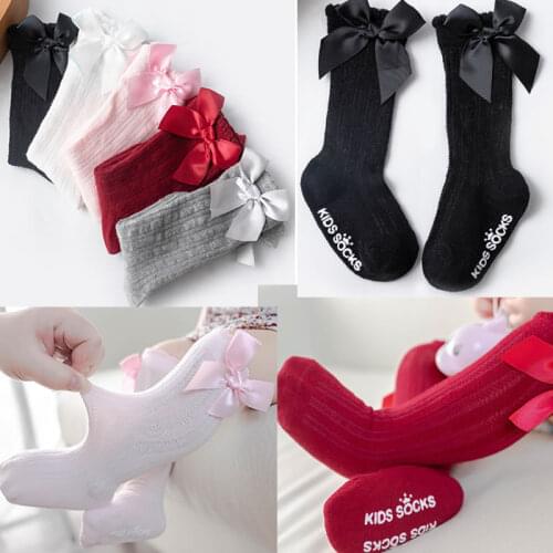 Girl knee bow socks Kids Socks Toddlers Girls Big Bow Knee High Long Soft Cotton Lace baby kniekousen Bow Socks
