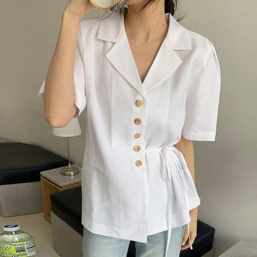 Korean Summer Fashion Elegant Temperament Blouse Vintage Single Breasted Side Belt Short Sleeve Shirt Office Lady Tops