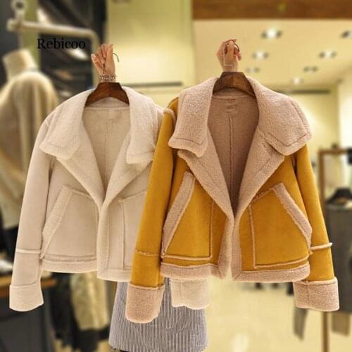 Autumn Winter Deerskin Lamb Short Jacket Patchwork Thick Women Cotton Coat 2020 New Fashion Double Pockets Outwear 55318