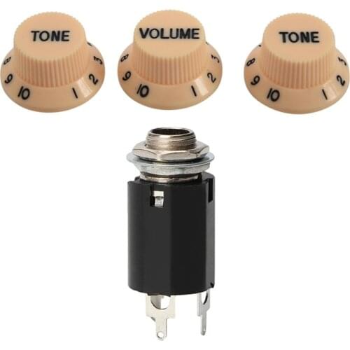 Cream Dark Blue Font 1 Volume & 2 Tone Guitar Control Knobs for Fender Strat & 1Pc Black Guitar Endpin Jack 6.35 Input