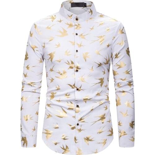 Fashion Long Sleeve Mandarin Collar Dress Shirt Men Hipster Fly Bird Bronzing White Shirt Men Party Nightclub Prom Camisa Hombre