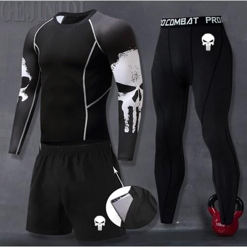 Mens Gym Running Fitness Kit Compression Pants Shirt Top Long Sleeve Jacket Set 3 PCS - Workout Outfit Set