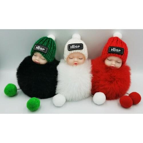 The New Sleeping Baby Doll Hanging Piece Hair Ball Pendant Cute Fluffy Pompom KeyChain Cotton Wool Holder Bag Ball Toy Car Key