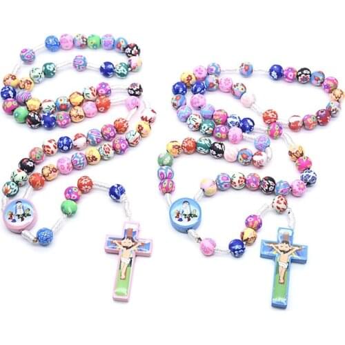 Rosary Necklace Catholic Rose Polymer Clay Beads Religion Long Chain Children
