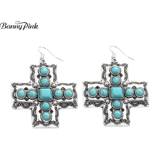 Banny Pink Religious Stone Cross Dangle Earrings Bohemia Geo Turquoises Pendant Drop Earrings Ethnic Christian Earrings Brincos