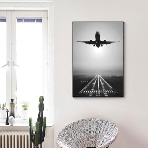 Plane Take Off Black and White Canvas Painting Wall Art Nordic Posters and Prints Wall Pictures for Living Room Decoration