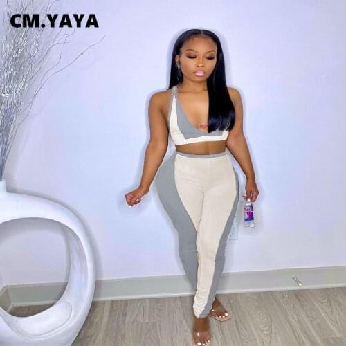 CM.YAYA Women Set Patchwork V-neck Crop Tanks Mid Waist Elastic Sheath Full Length Pants 2 Piece Set Female Tracksuit Outfit