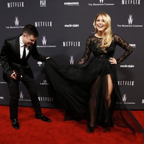 Sexy Black Celebrity Dresses Scoop Neck See Through Long Sleeve Evening Dresses A Line Appliques Beaded Side Split Prom Dress